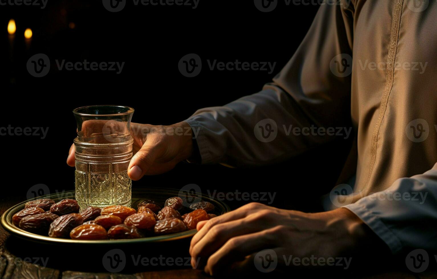 un' mezzo orientale uomo è preghiere durante Ramadan. lui mangia date e bevande acqua. ai generativo foto