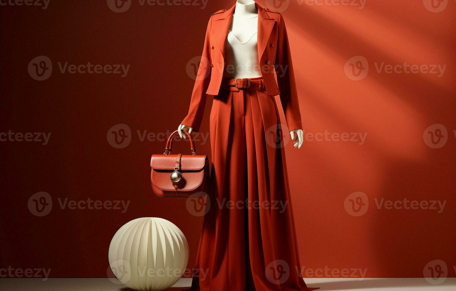 moderno donna di abbigliamento consistente di un' rosso giacca, i pantaloni, e un' bianca geometrico Borsa. ai generativo foto