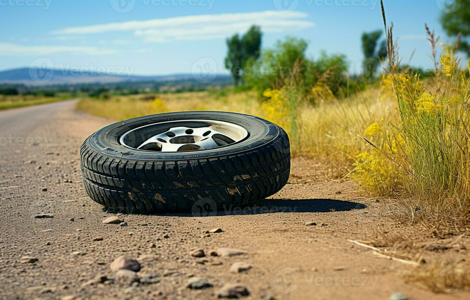 utilizzando estate pneumatici su un' rurale strada. ai generativo foto