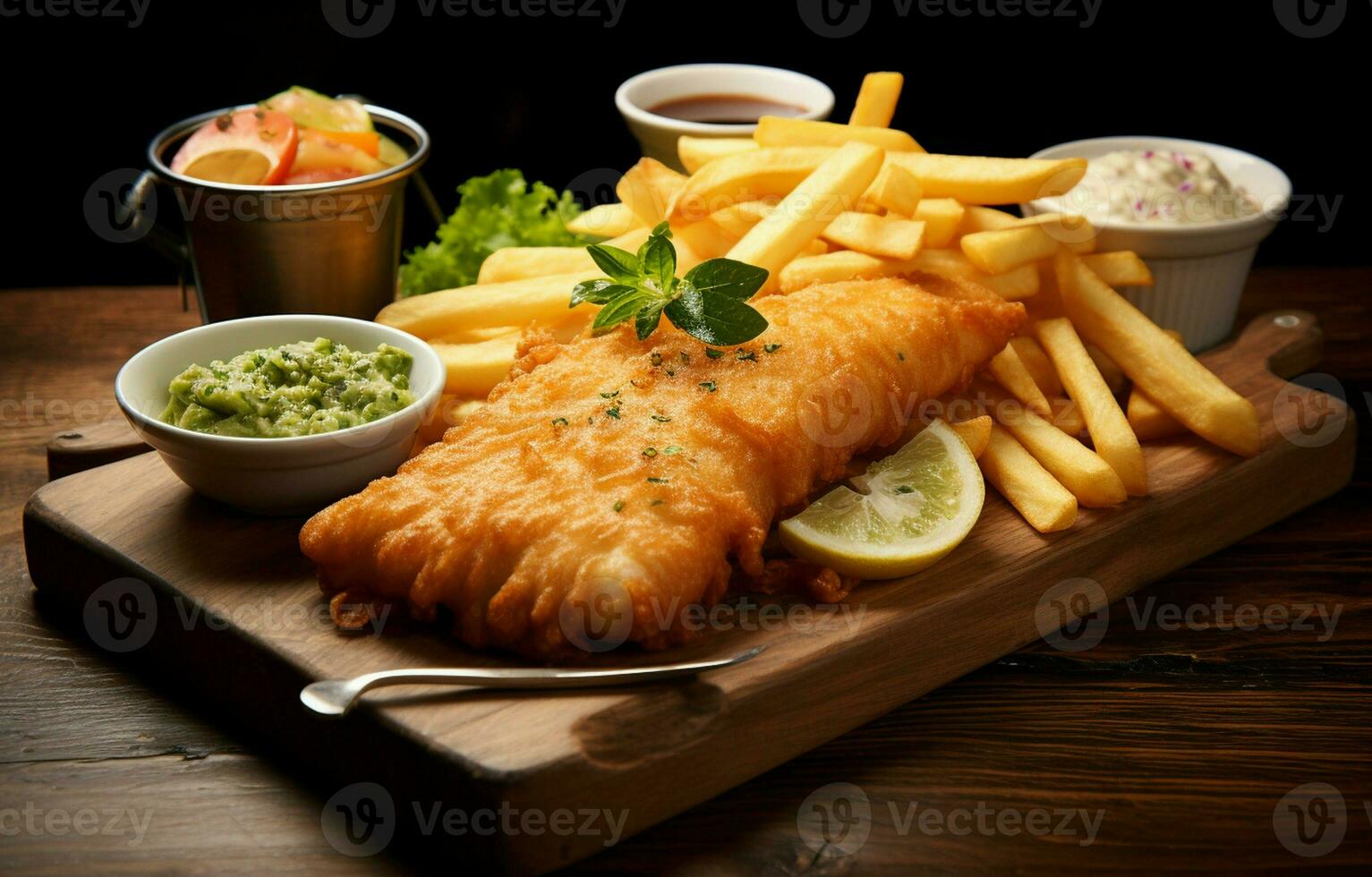 su un' di legno tavolo, un' tradizionale inglese cena di pesce e patatine fritte è presentata con francese patatine fritte. ai generativo foto