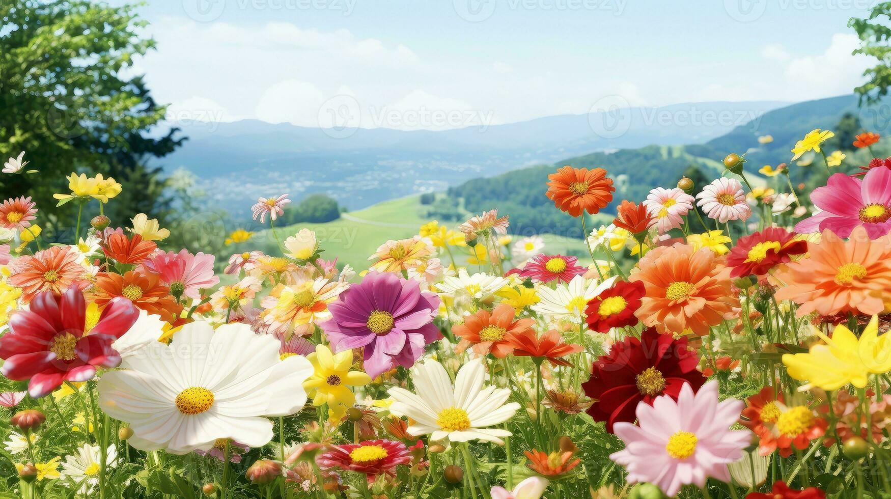 colorato naturale primavera paesaggio con con fiori, selettivi messa a fuoco, generativo ai illustrazione foto