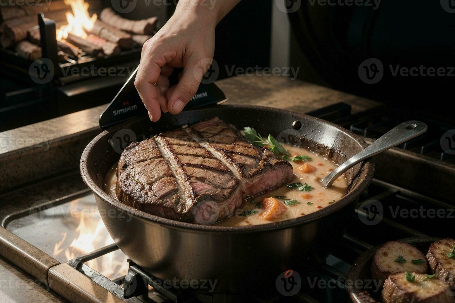 cucinando un biologico bistecca piatto su il stufa di sam spratt. ai generato. foto