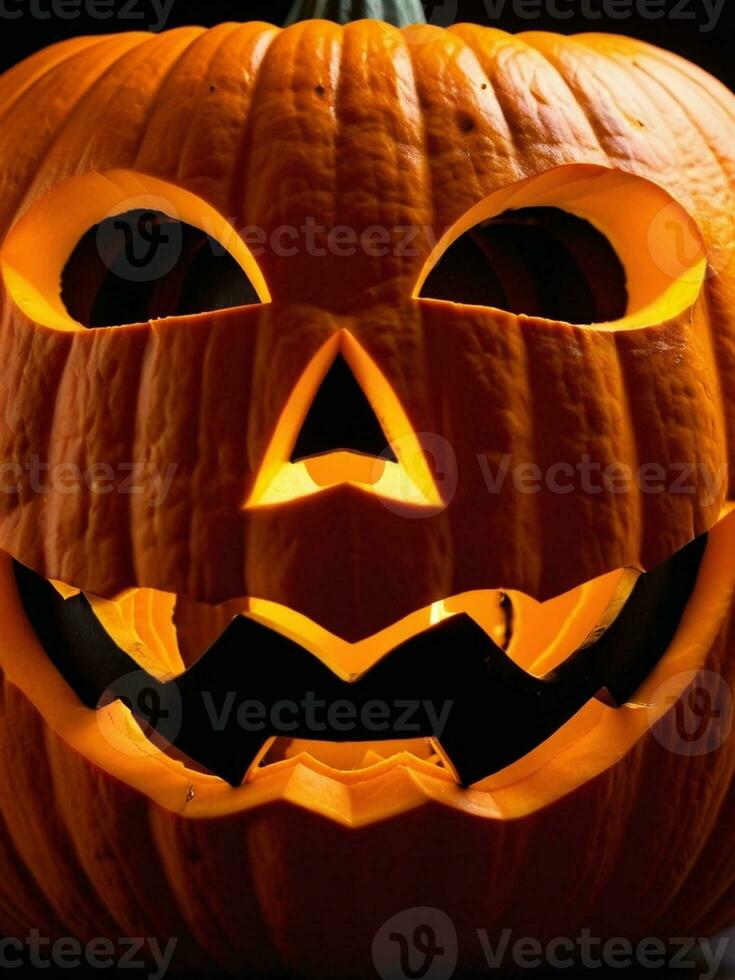 incantevole Halloween un' travolgente vicino su di un' vivace zucca. ai generato. foto