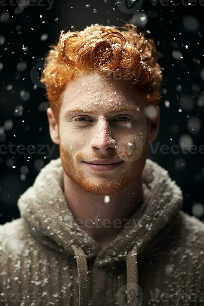 ai generato ritratto di bellissimo sorridente giovane Zenzero uomo in piedi sotto nevicando foto
