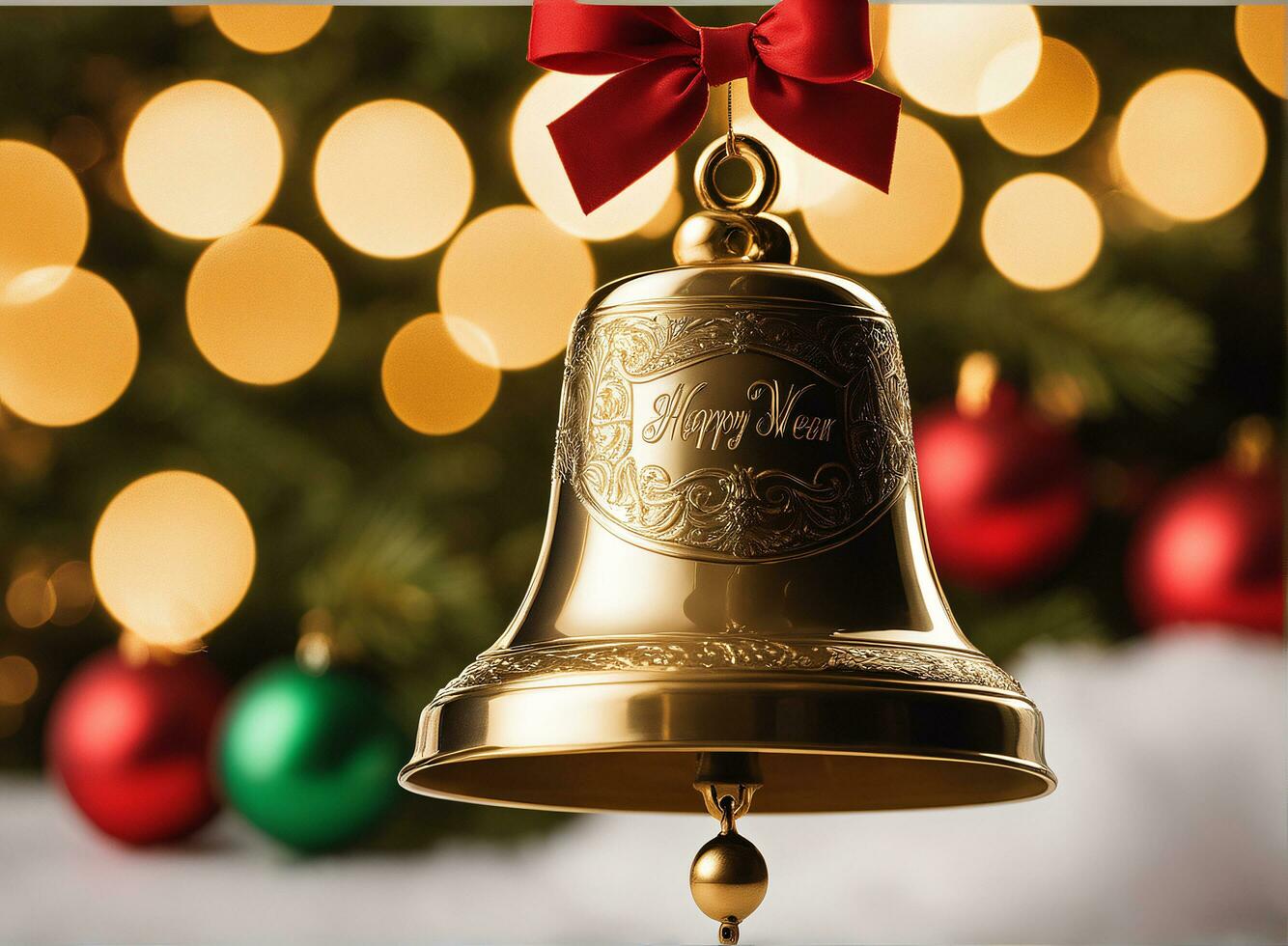 Natale celebrazione con decorato sfera, campana, e albero. ai generativo foto