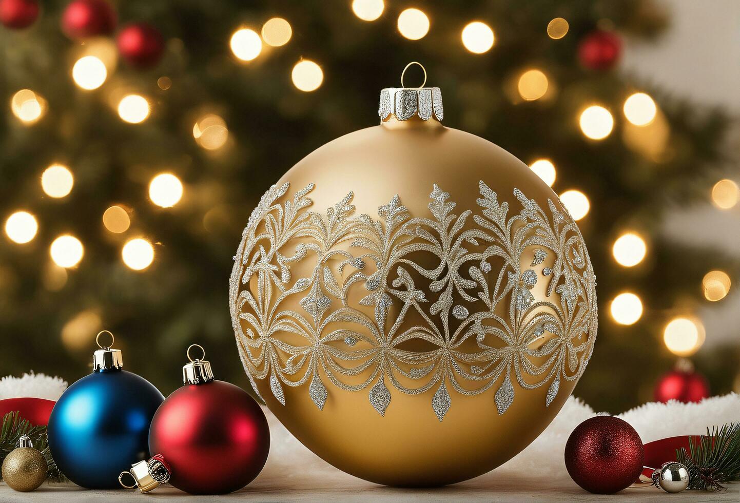 Natale celebrazione con decorato sfera, campana, e albero. ai generativo foto