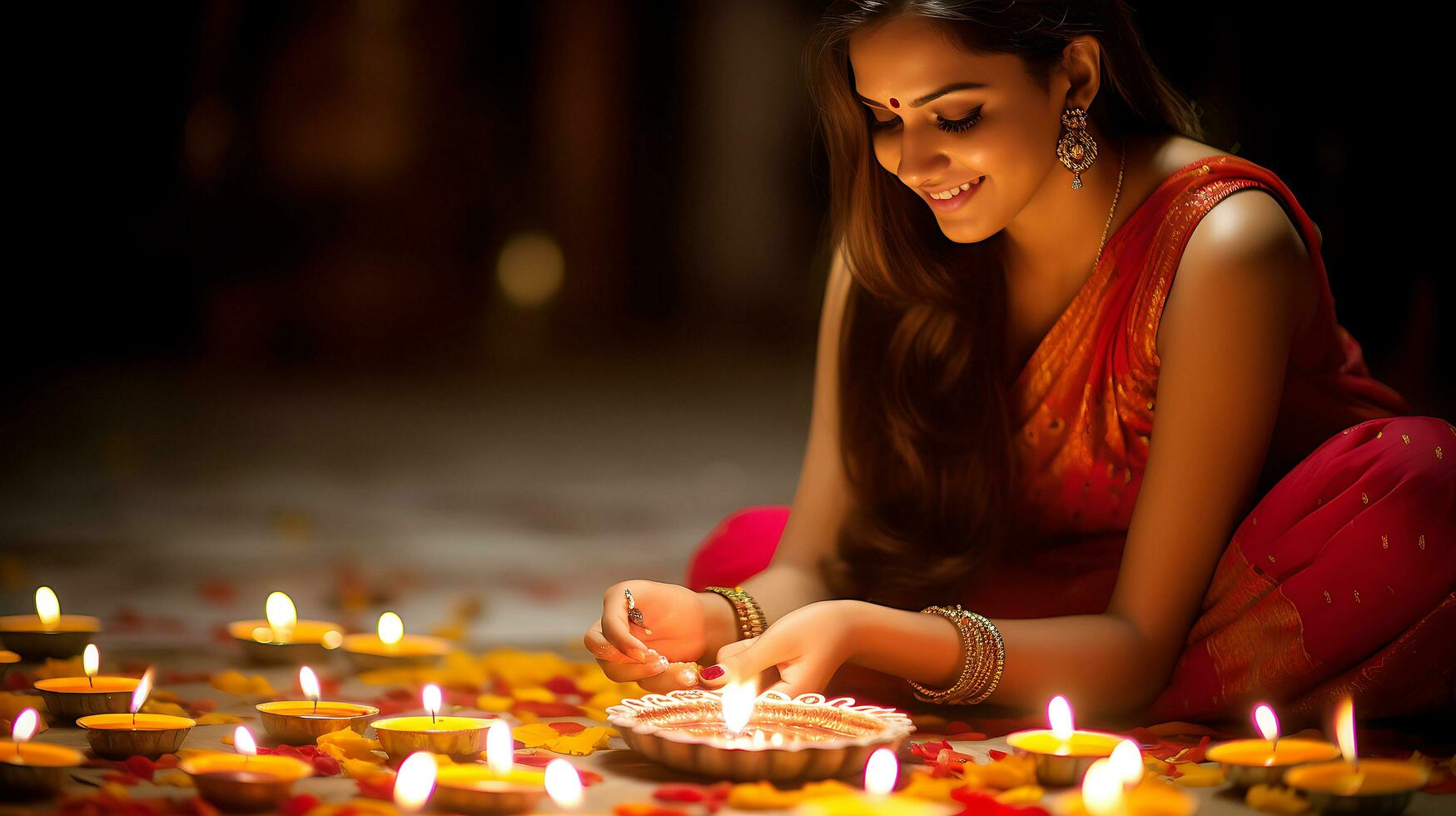 indiano Diwali festeggiare con diya illuminazione. famiglia, ragazze, bambini tutti contento momenti. ai generativo foto
