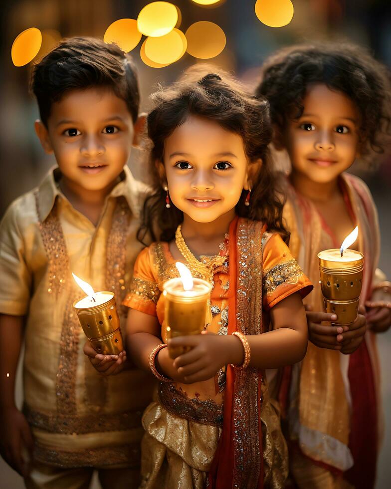 indiano Diwali festeggiare con diya illuminazione. famiglia, ragazze, bambini tutti contento momenti. ai generativo foto