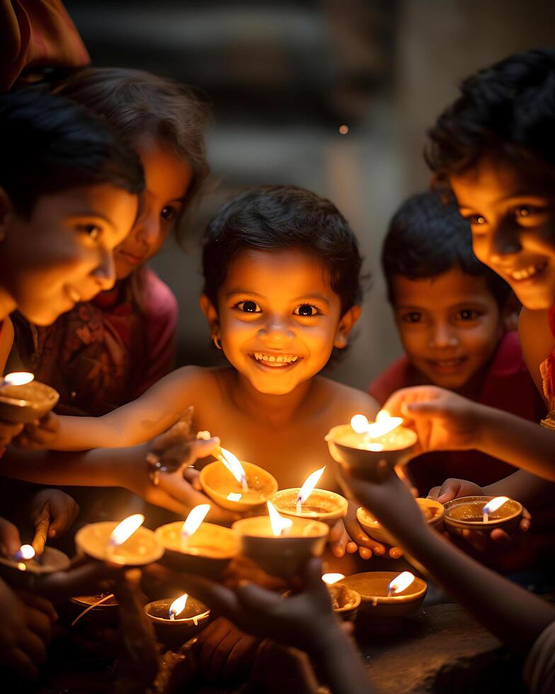 indiano Diwali festeggiare con diya illuminazione. famiglia, ragazze, bambini tutti contento momenti. ai generativo foto