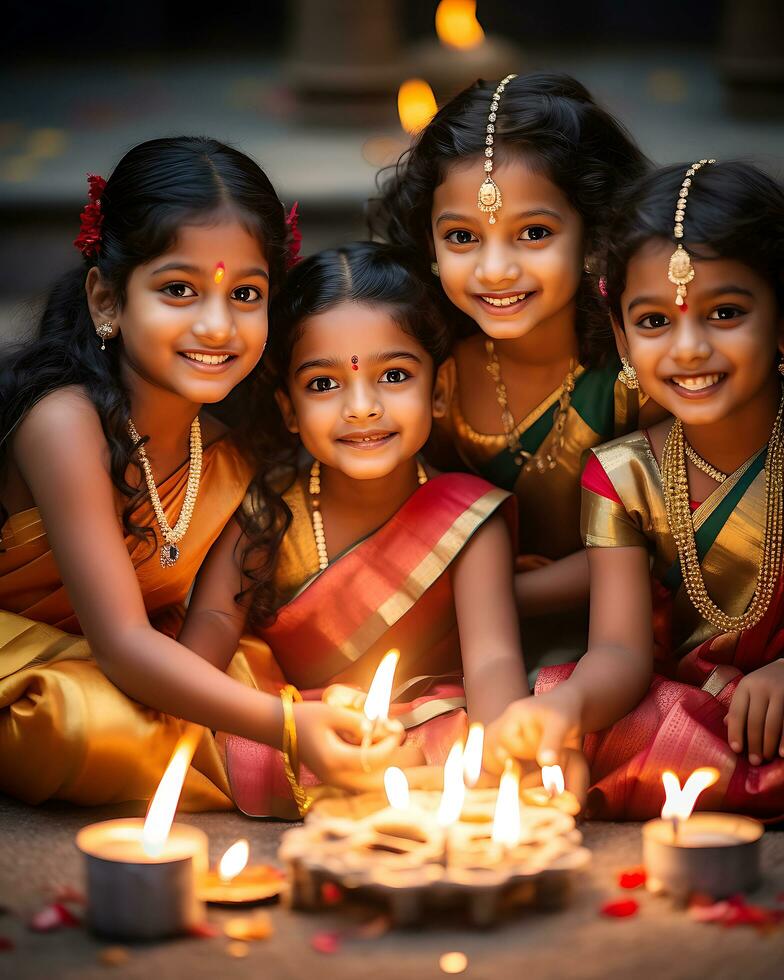 indiano Diwali festeggiare con diya illuminazione. famiglia, ragazze, bambini tutti contento momenti. ai generativo foto