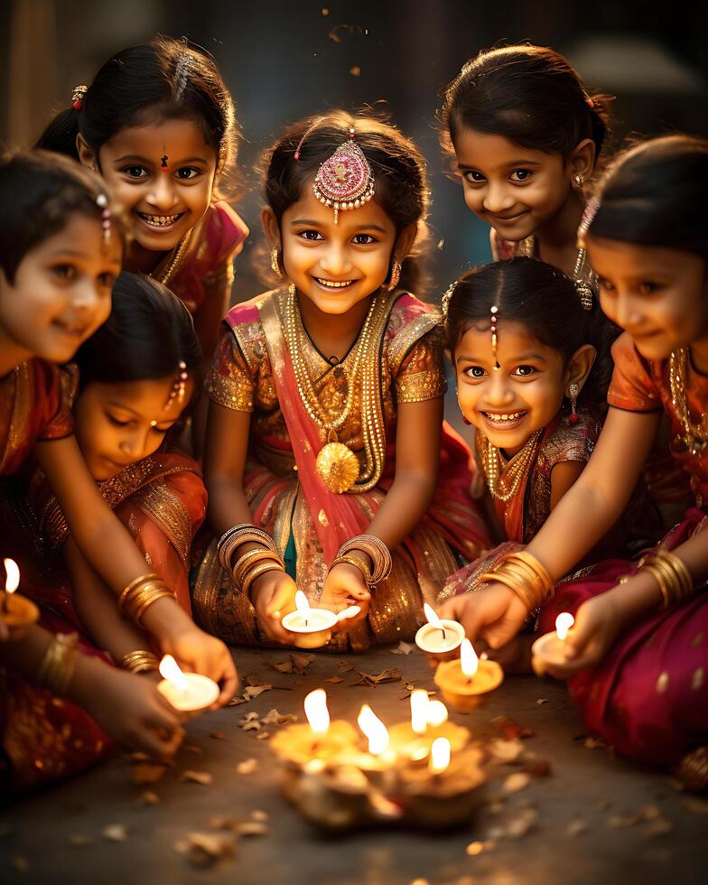 indiano Diwali festeggiare con diya illuminazione. famiglia, ragazze, bambini tutti contento momenti. ai generativo foto