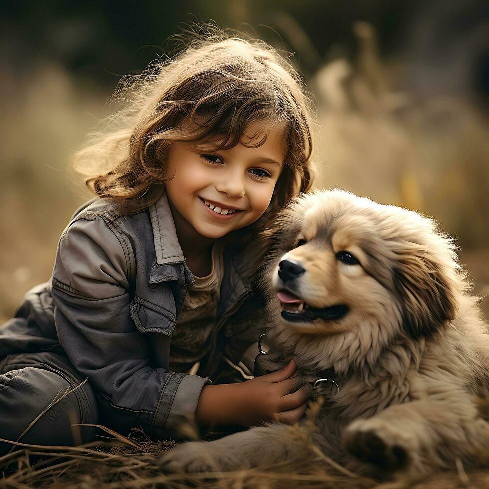 cucciolo cane e bambini. commovente legame e gioioso momenti. ai generativo foto