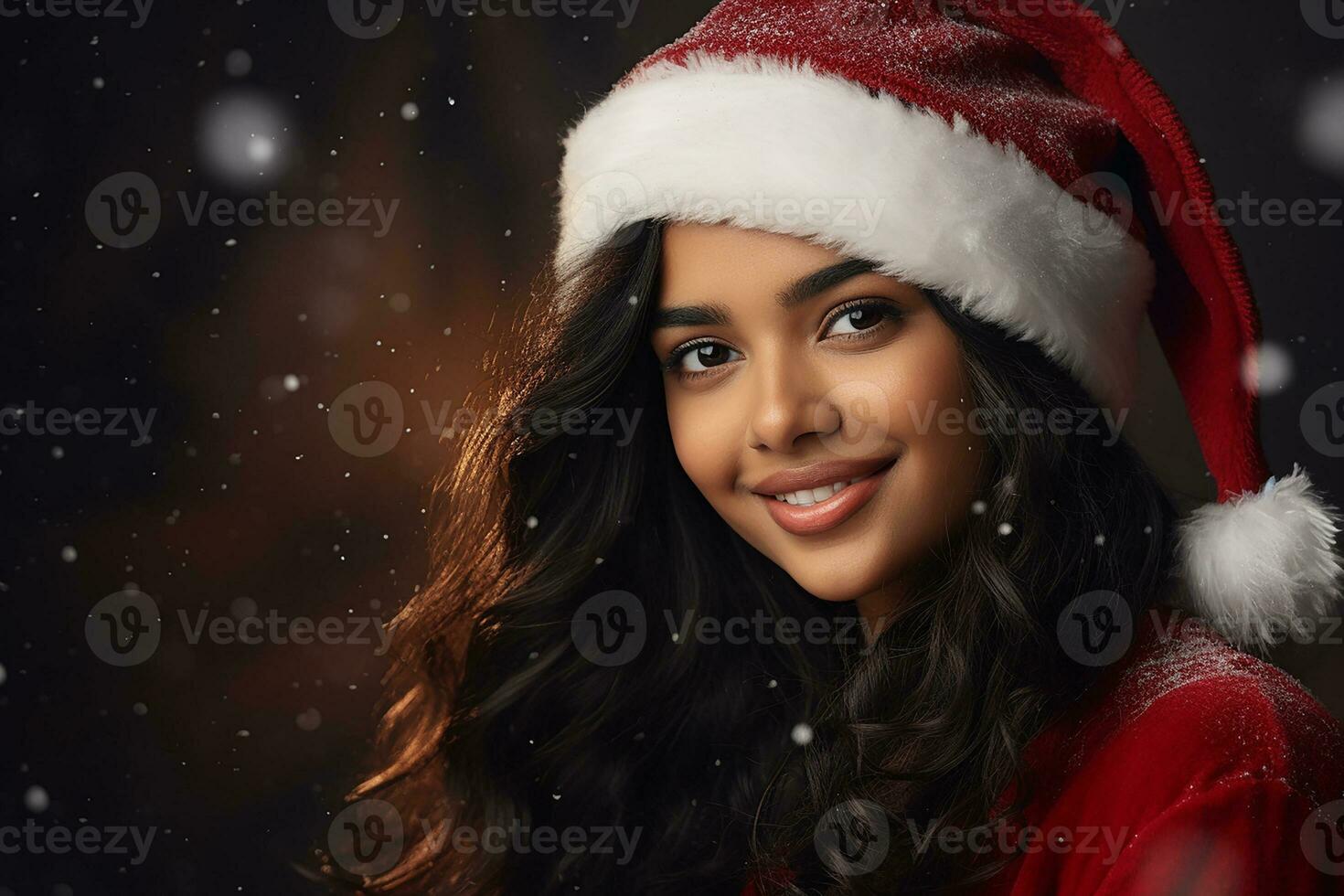 ai generato ritratto di bellissimo sorridente donna nel Santa Claus indossare foto