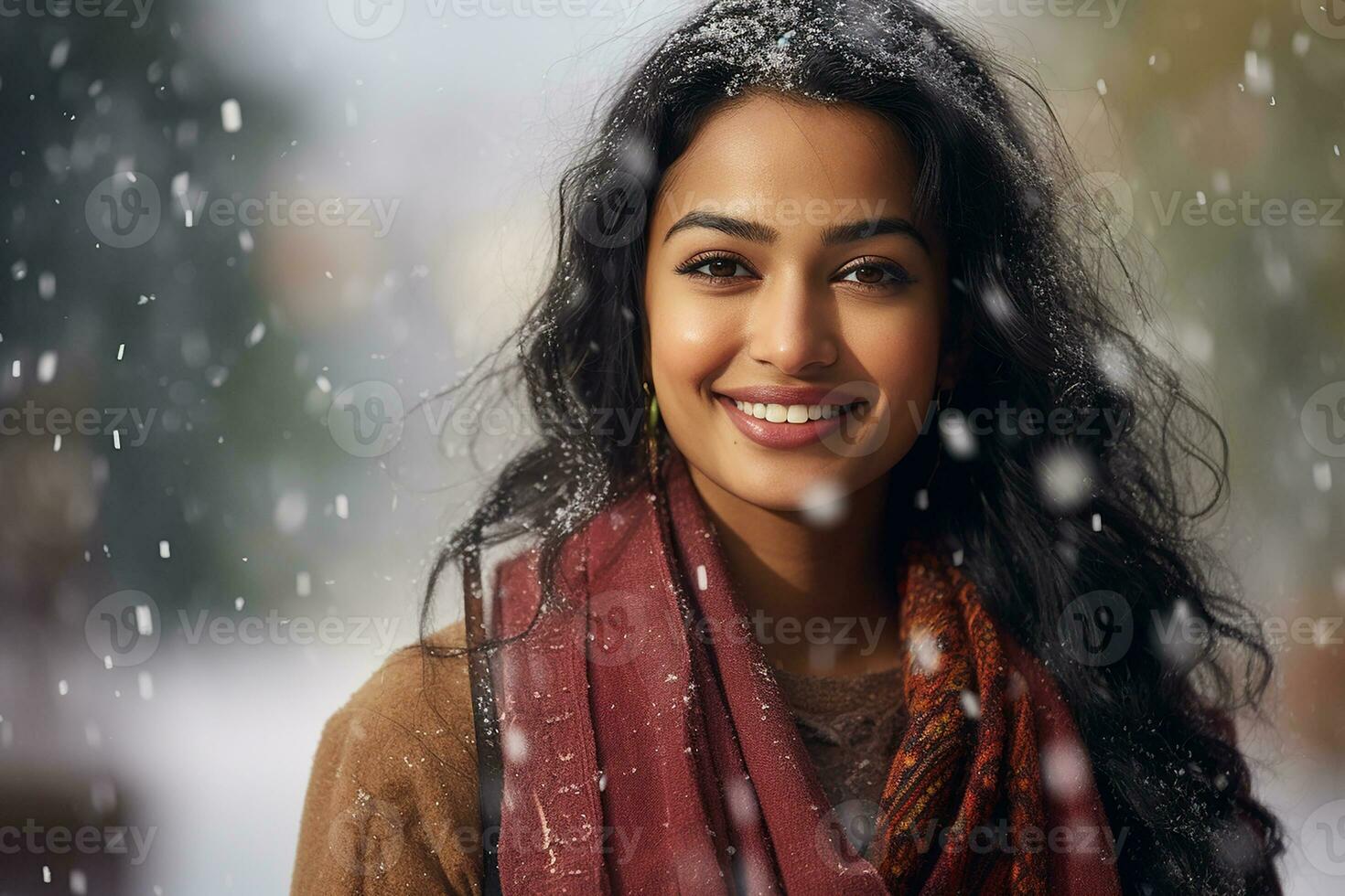 ai generato ritratto di bellissimo giovane donna in piedi sotto il neve a inverno tempo foto