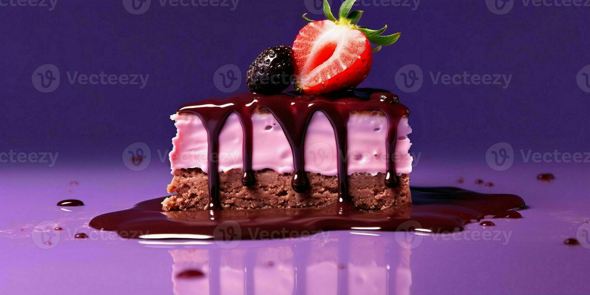 un' pezzo di cioccolato torta con fuso cioccolato e fragole su viola sfondo. generativo ai foto