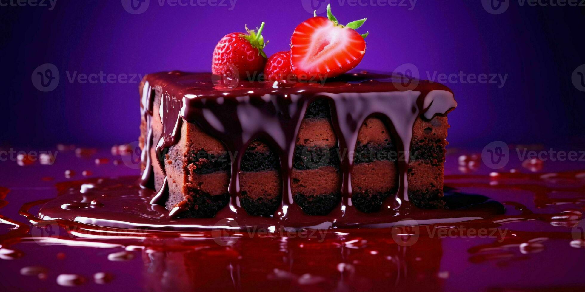 un' pezzo di cioccolato torta con fuso cioccolato e fragole su viola sfondo. generativo ai foto