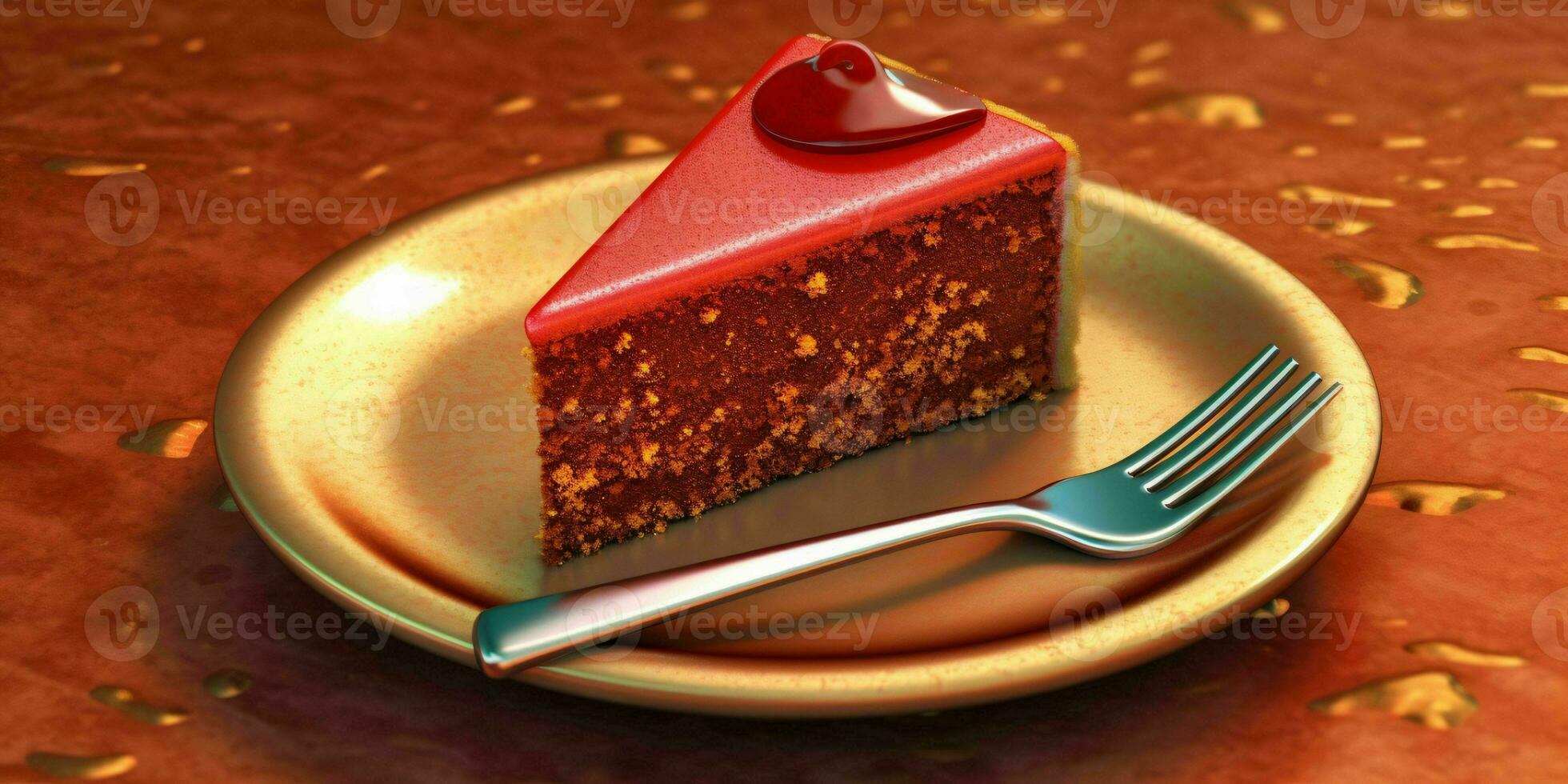 un' delizioso fetta di rosso torta su un' d'oro piatto. generativo ai foto