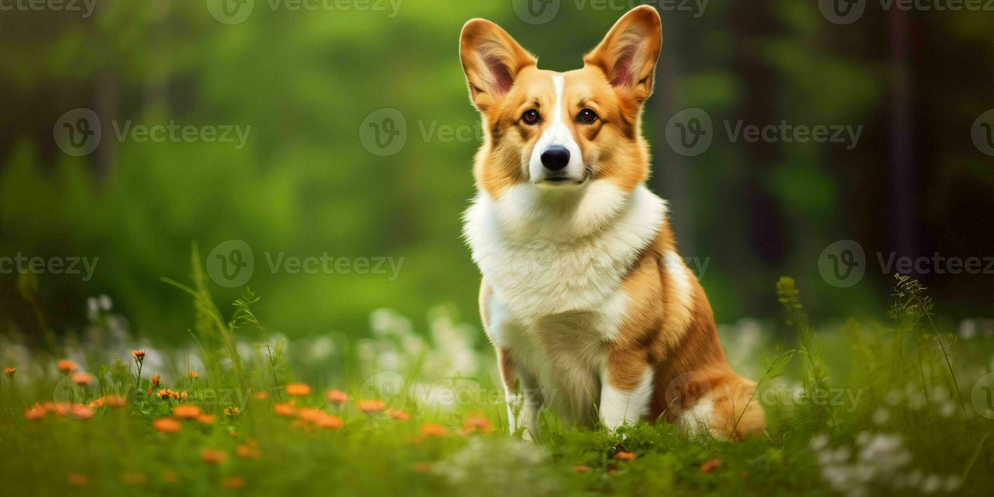 gallese corgi cane su erba sfondo. ritratto di carino cane nel il parco. generativo ai foto