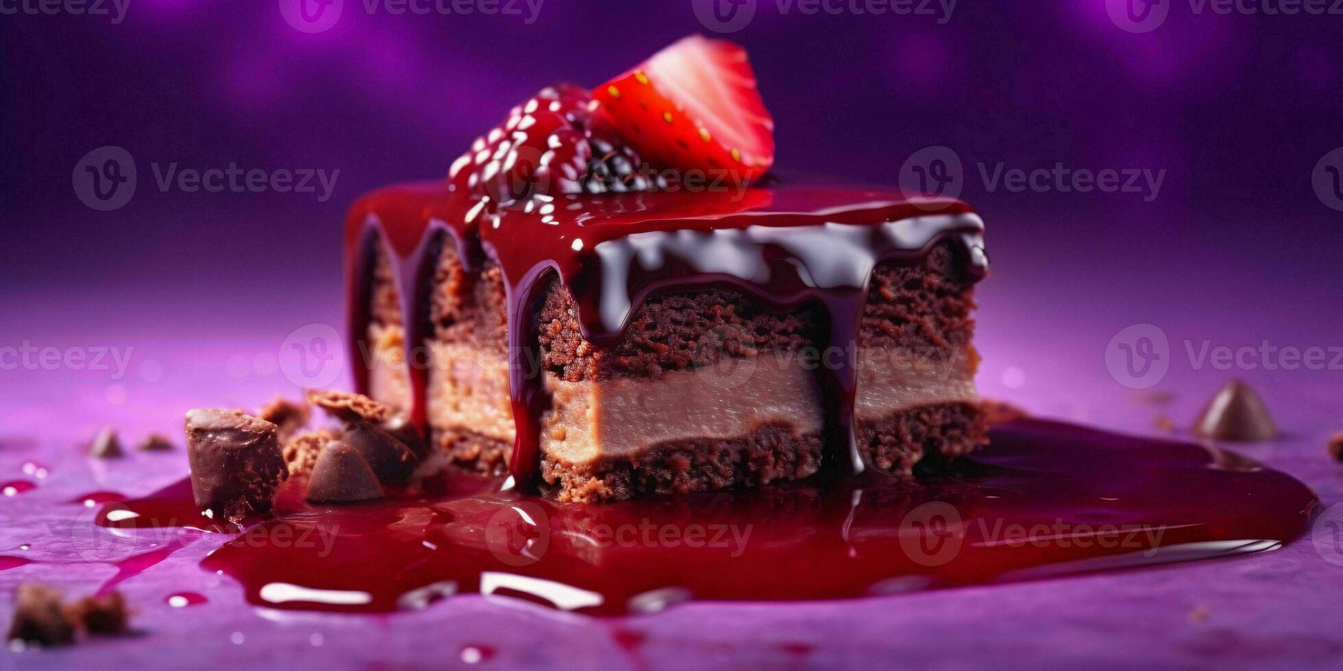 un' pezzo di cioccolato torta con fuso cioccolato e fragole su viola sfondo. generativo ai foto