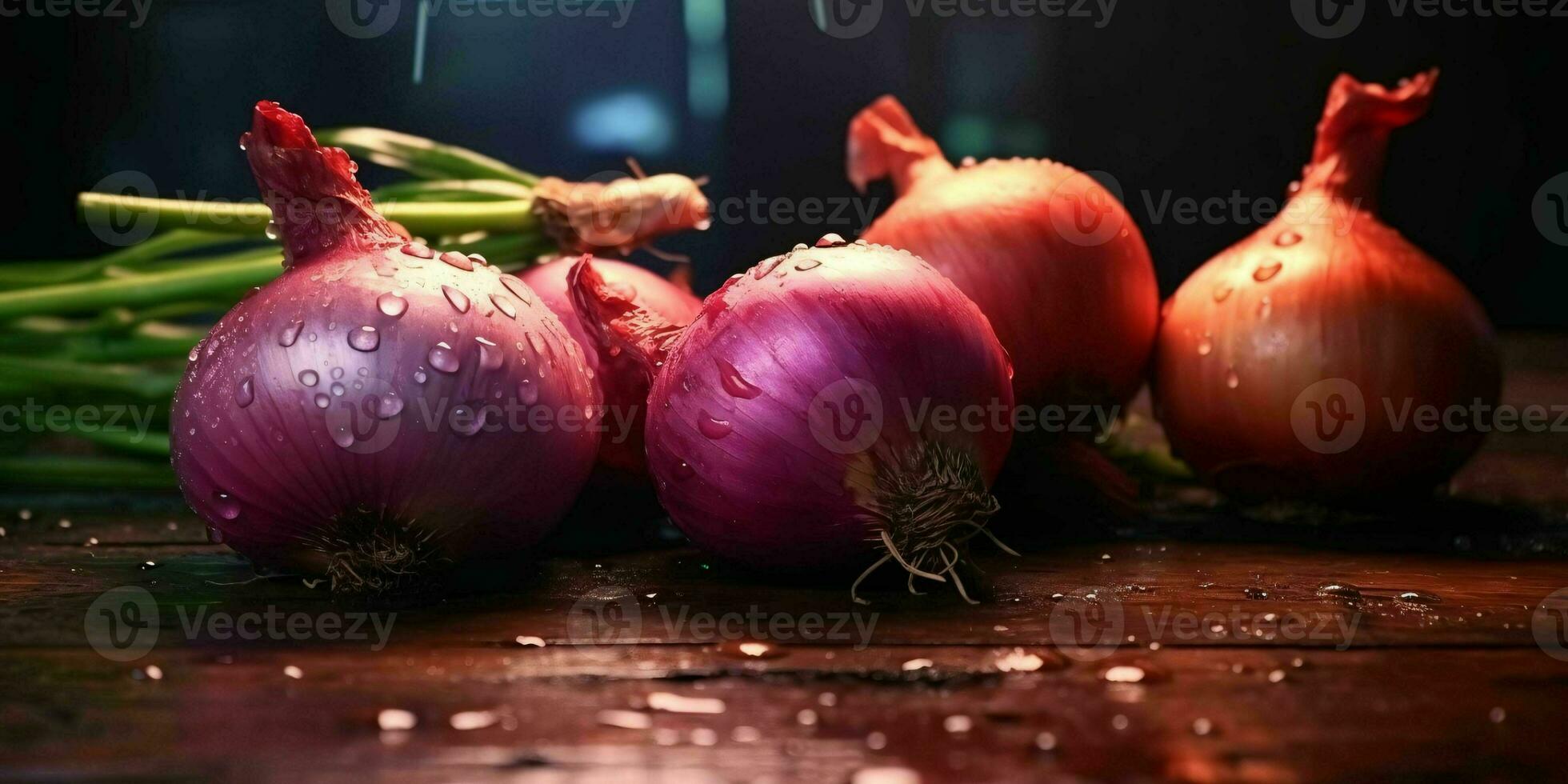 fresco e colorato cipolle su un' di legno tavolo. generativo ai foto