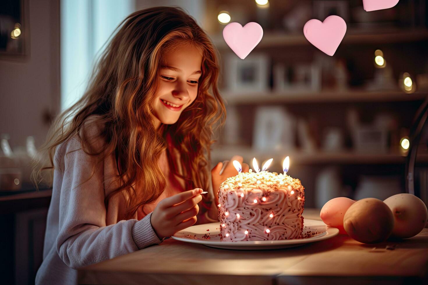 carino poco ragazza soffiaggio su candele su sua compleanno torta a casa, ragazza fabbricazione cuore gesto e soffiaggio candela su torta a casa, ai generato foto