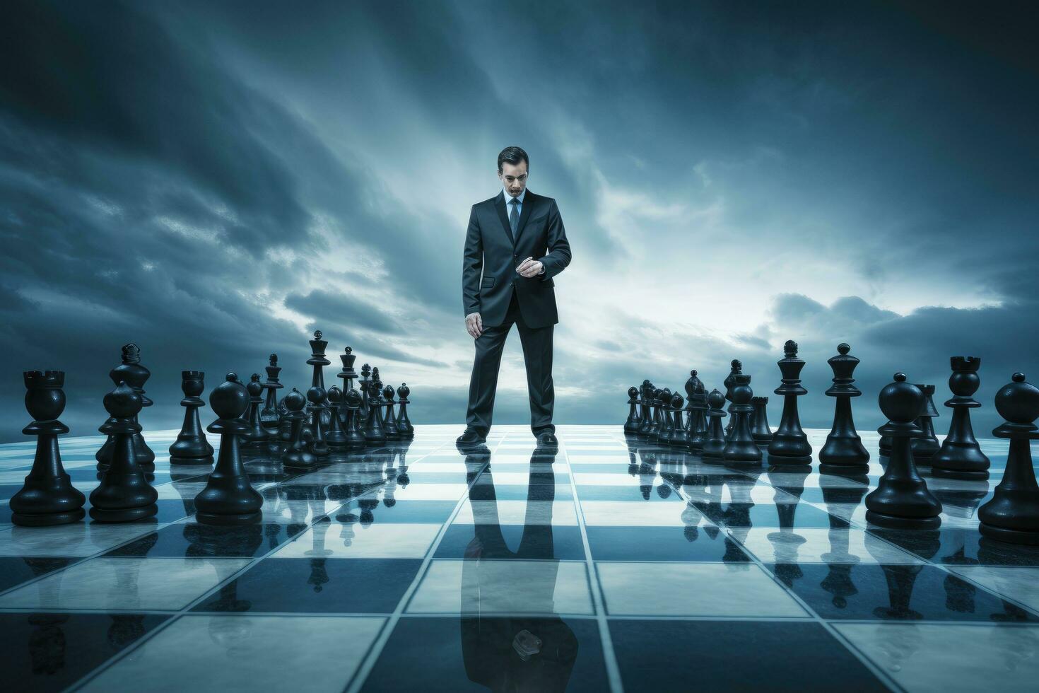 uomo d'affari in piedi nel davanti di scacchiera e pensiero di strategia, competitivo vantaggio, strategico marketing concetto, ai generato foto