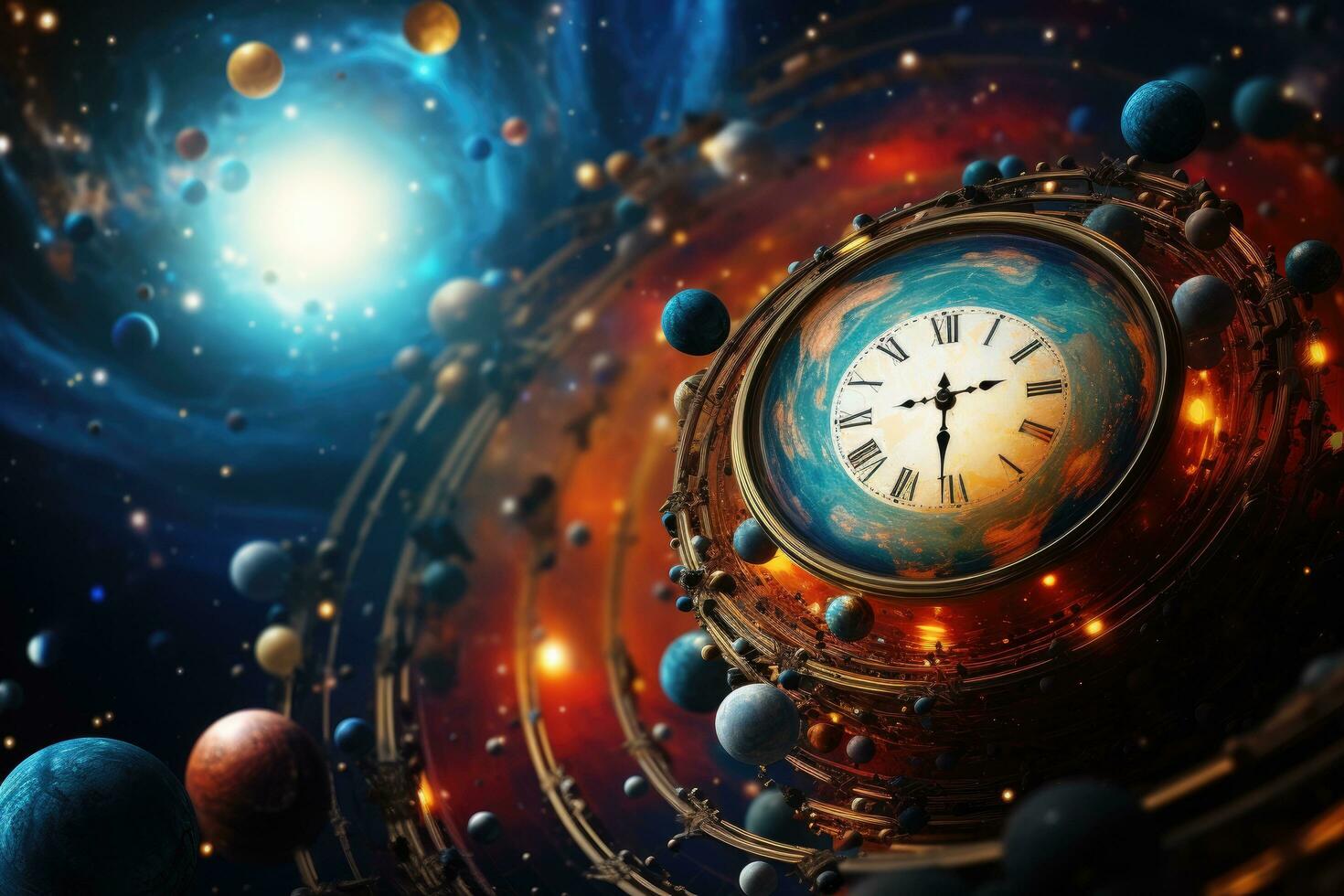 orologio viso su spazio sfondo. 3d resa. elementi di Questo Immagine arredato di NASA, colorato astratto sfondo struttura sfondo, universo e tempo viaggio fra stelle, ai generato foto