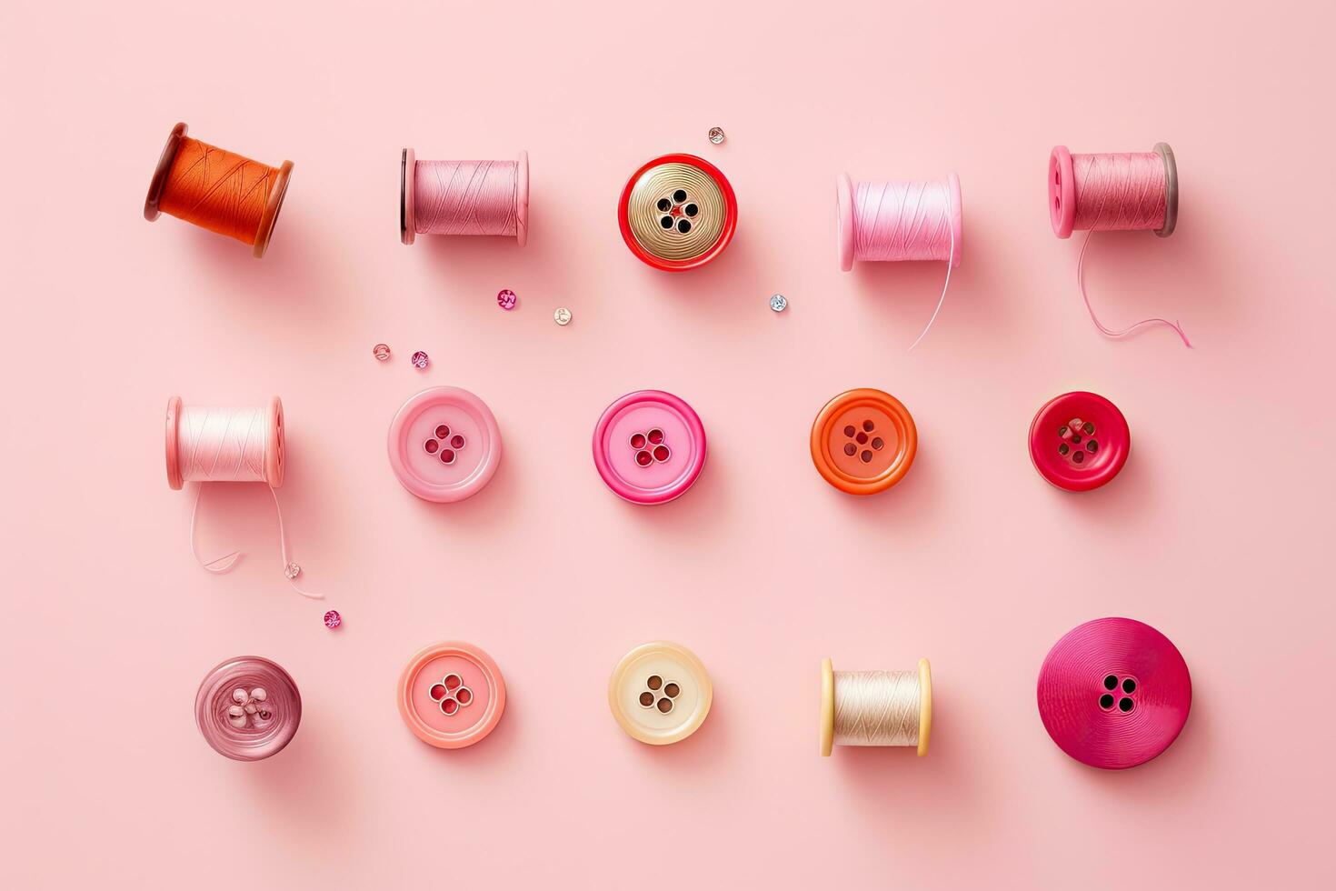 colorato cucire Accessori su rosa sfondo. piatto posizione, superiore Visualizza, colorato filo bobine e pulsanti su rosa sfondo, ai generato foto