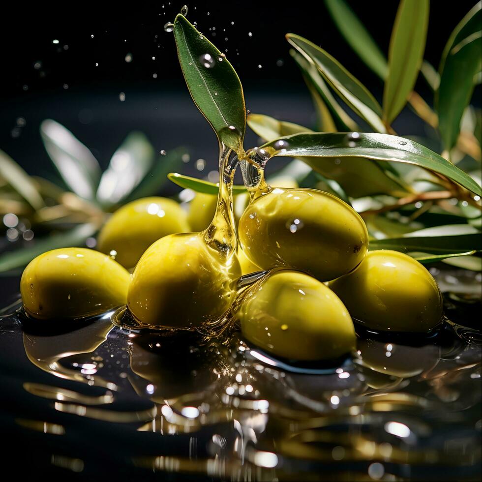 fresco olive e oliva olio per salutare cucinando, ai generato foto