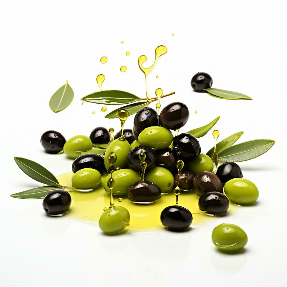 fresco olive e oliva olio per salutare cucinando, ai generato foto