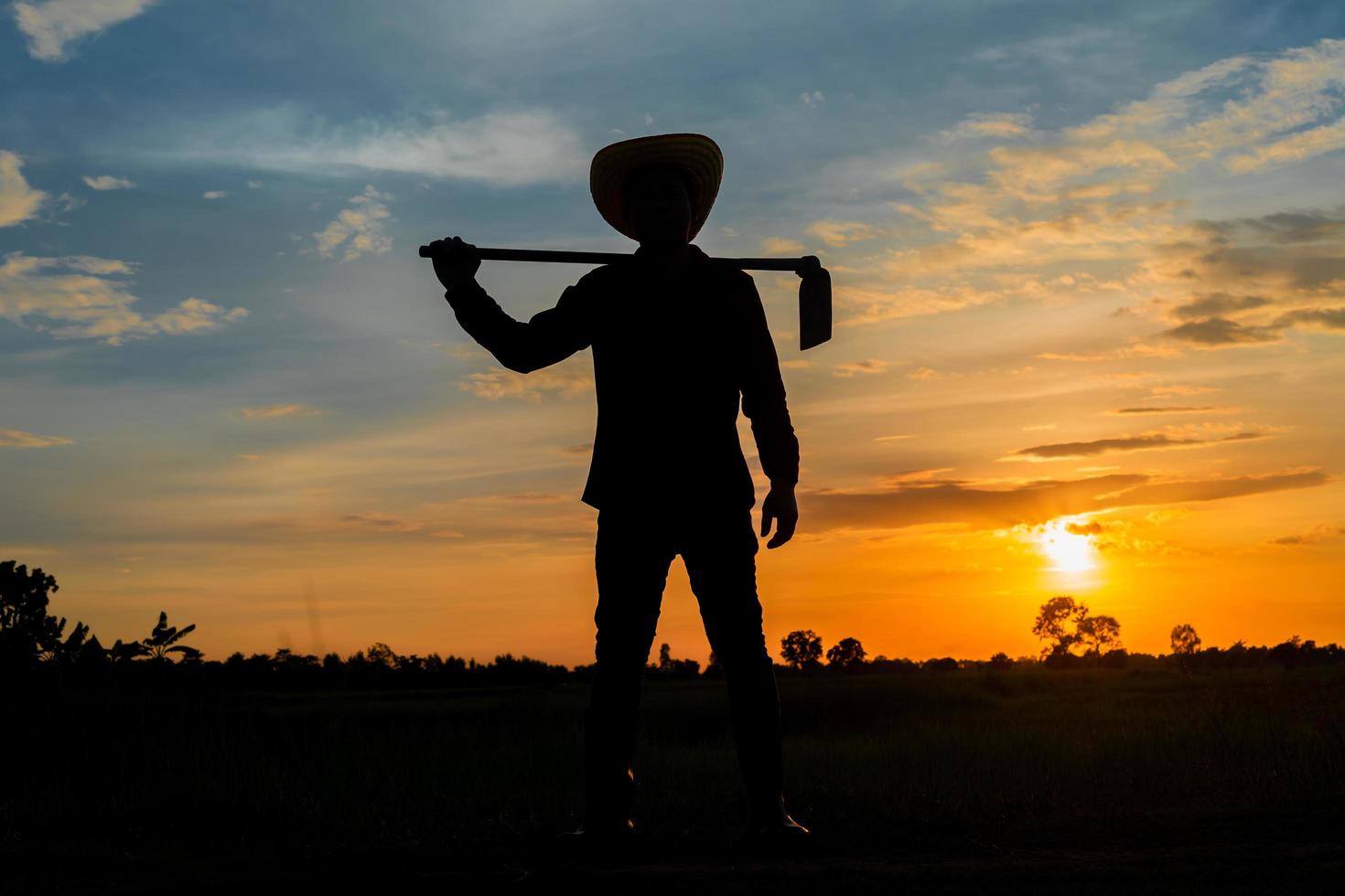 agricoltore maschio che tiene una zappa in un campo al tramonto foto