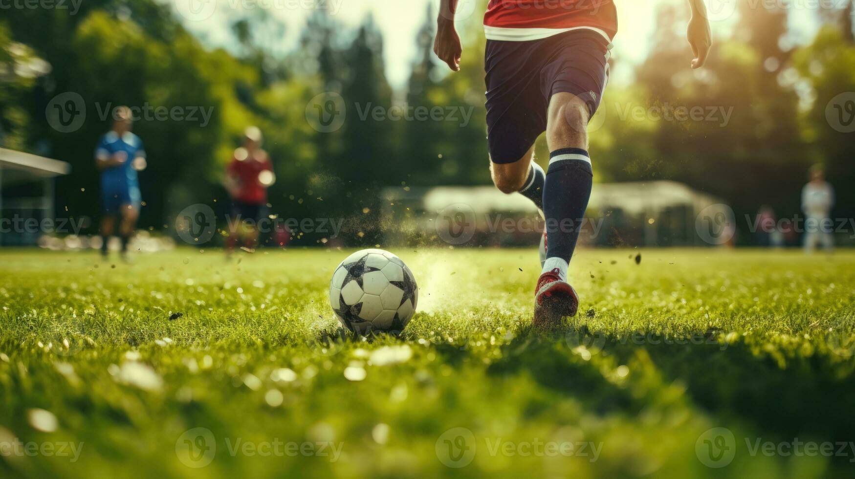 un' avvicinamento tiro di un' giovane calcio giocatore con precisione dribbling e palla controllo su un' vivido erba f ai generato foto