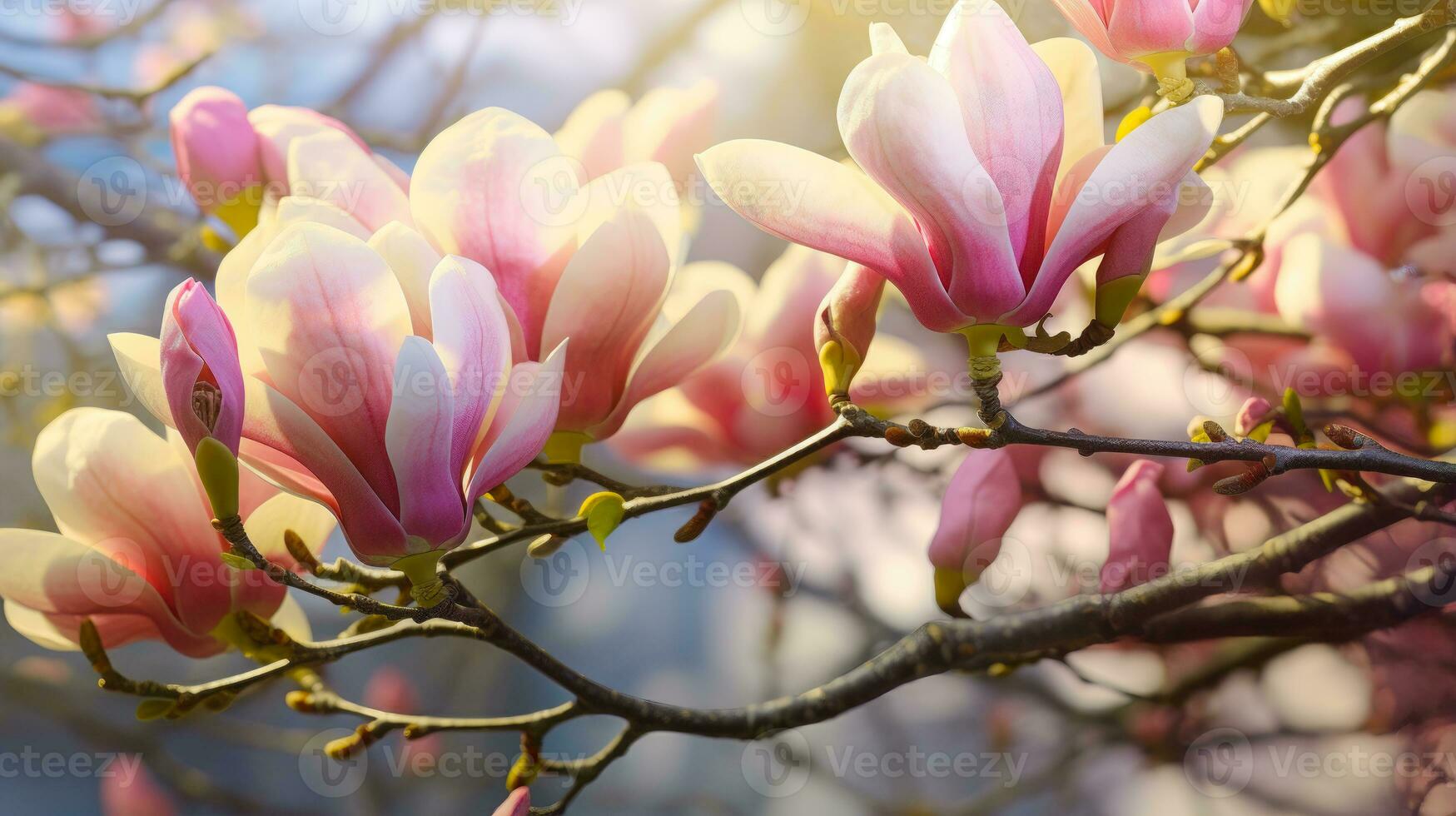 giapponese magnolia nel fioritura un' fioritura magnolia albero con rosa e bianca fiori ai generato foto