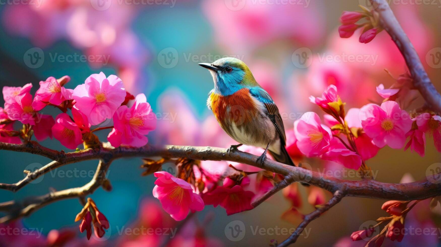 uccello e fiori, un' vivace e bellissimo primavera natura sfondo ai generato foto