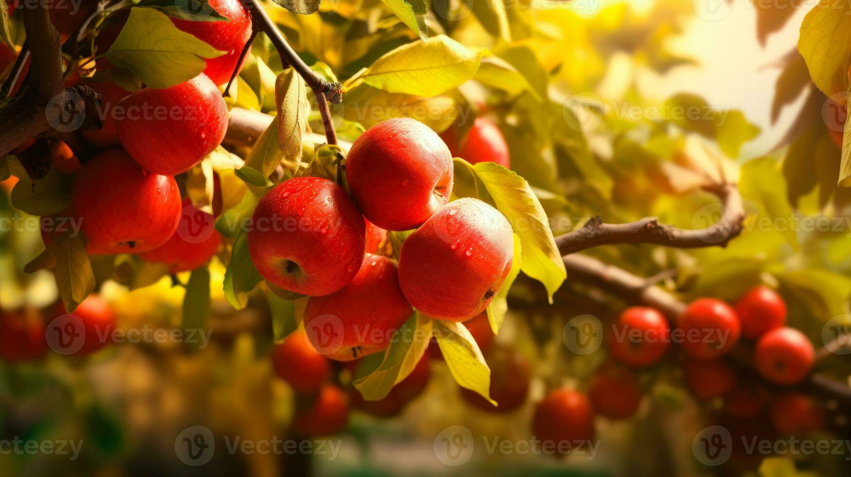 Mela stagione un' mazzo di rosso mele su un' giallo e verde sfondo ai generato foto