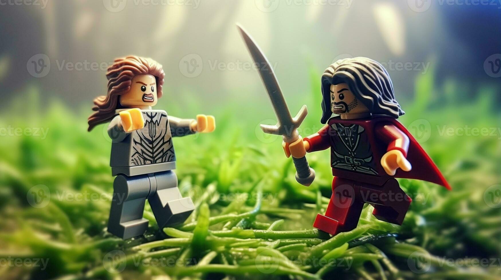 Lego guerrieri combattendo nel un' feroce epico duello ai generativo foto