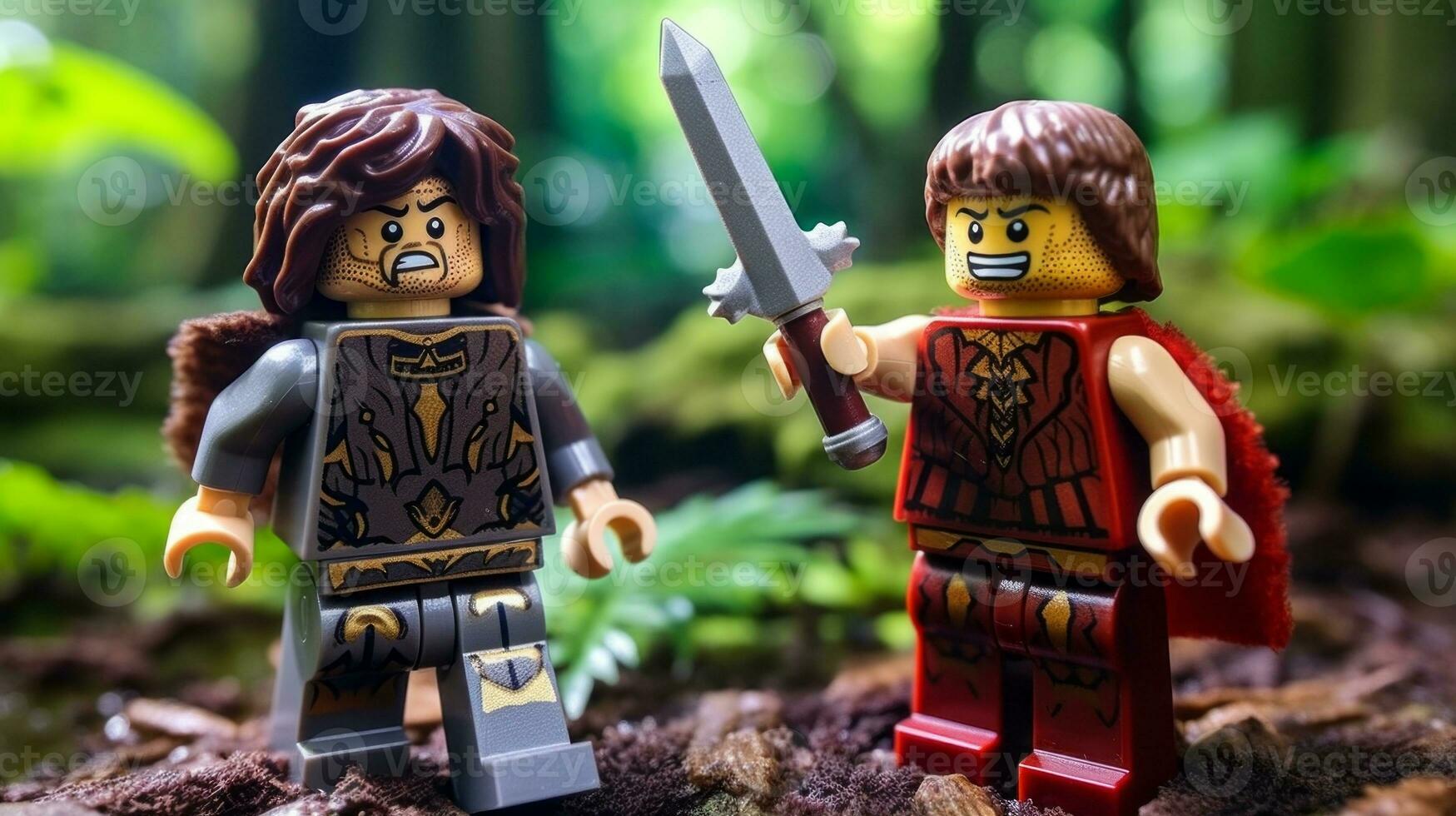 Lego guerrieri combattendo nel un' feroce epico duello ai generativo foto