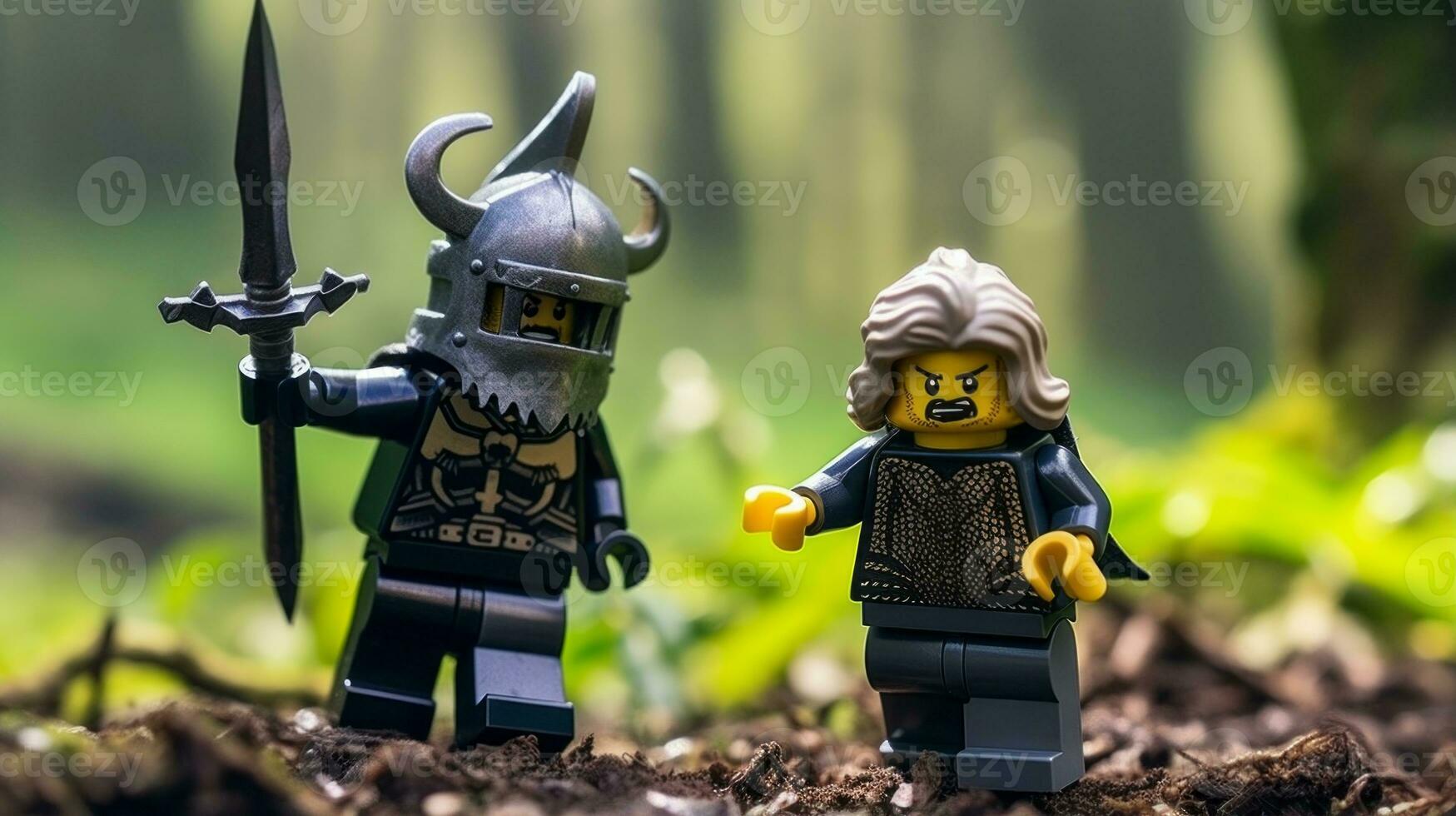 Lego guerrieri combattendo nel un' feroce epico duello ai generativo foto