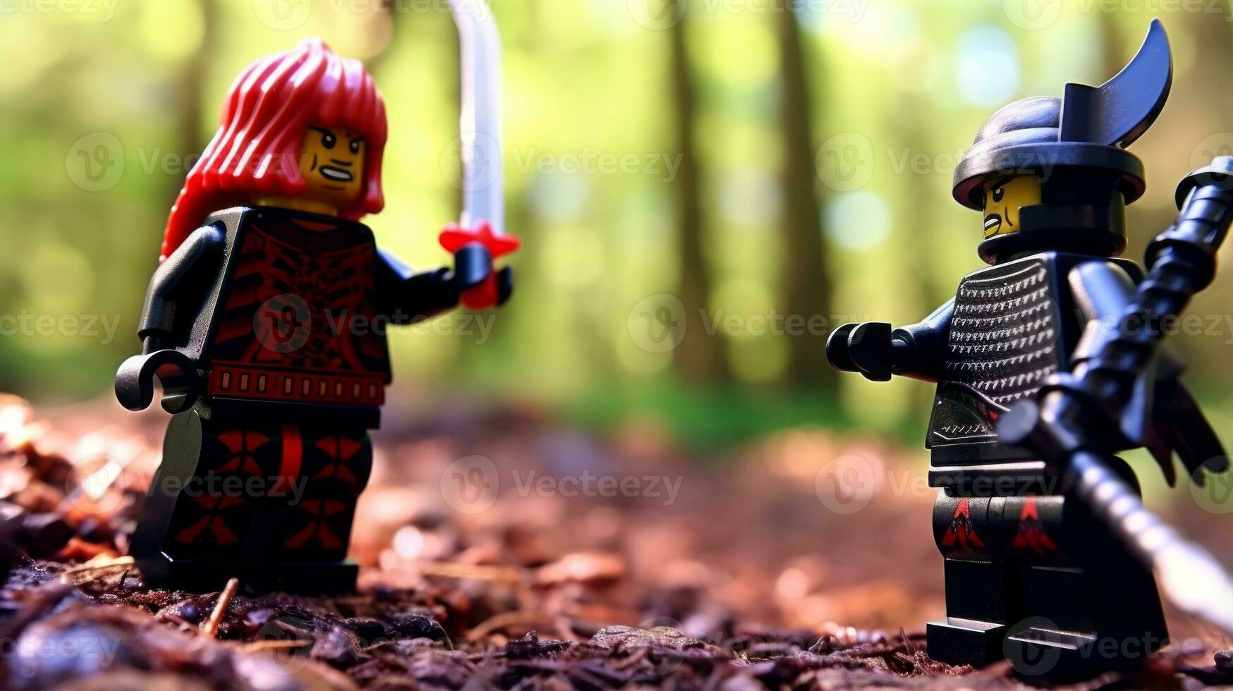 Lego guerrieri combattendo nel un' feroce epico duello ai generativo foto