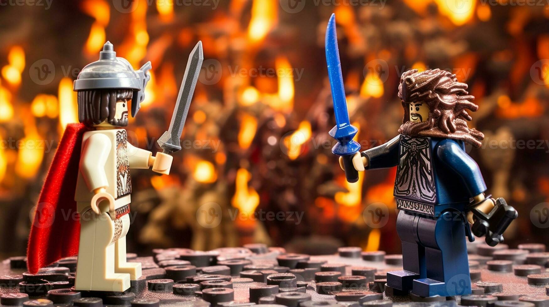 Lego guerrieri combattendo nel un' feroce epico duello ai generativo foto