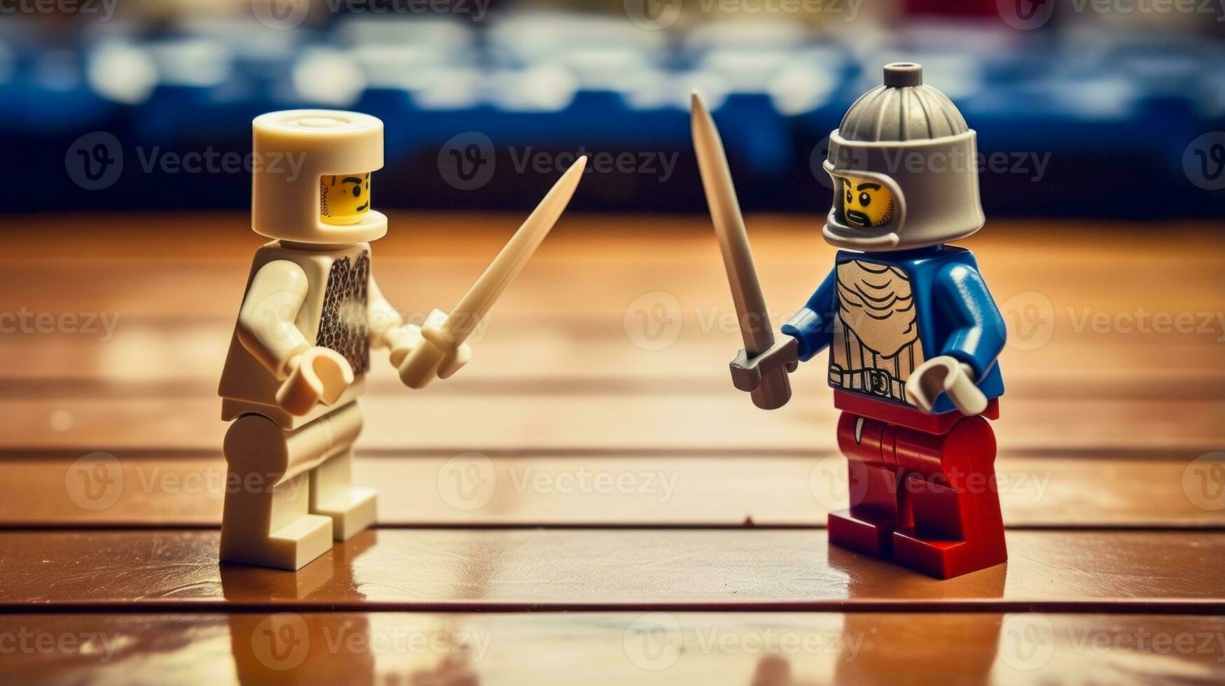 Lego guerrieri combattendo nel un' feroce epico duello ai generativo foto