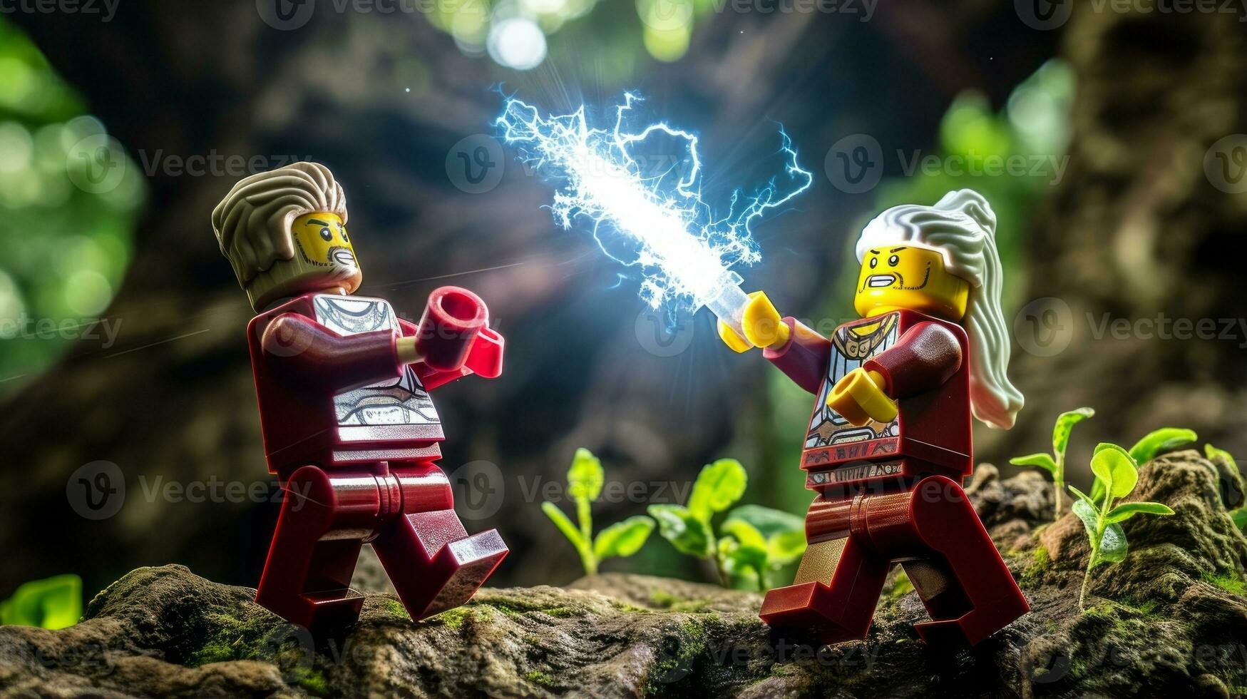 Lego guerrieri combattendo nel un' feroce epico duello ai generativo foto