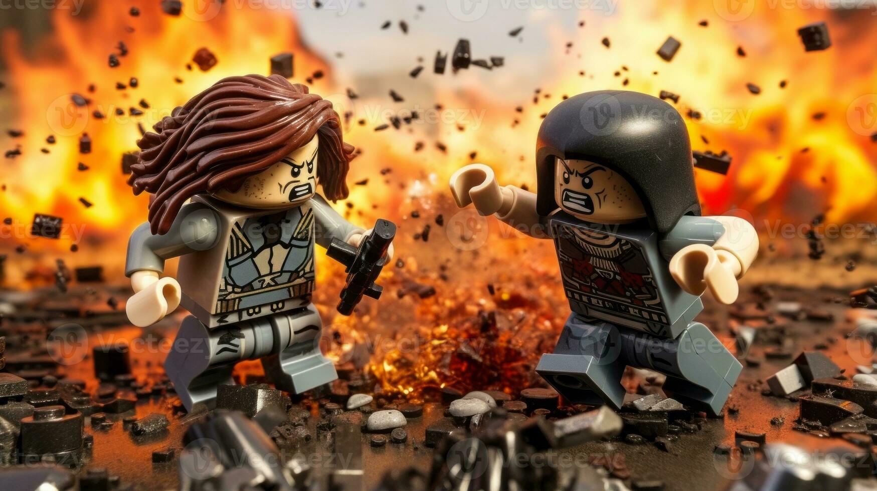 Lego guerrieri combattendo nel un' feroce epico duello ai generativo foto