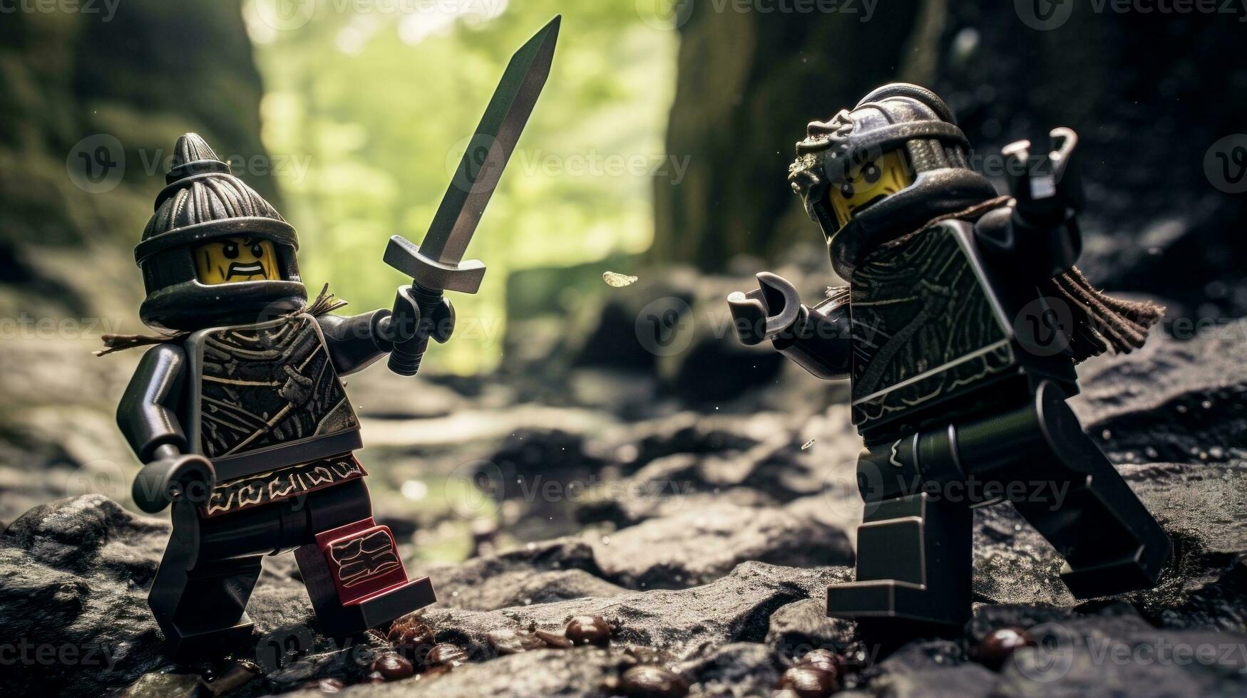 Lego guerrieri combattendo nel un' feroce epico duello ai generativo foto