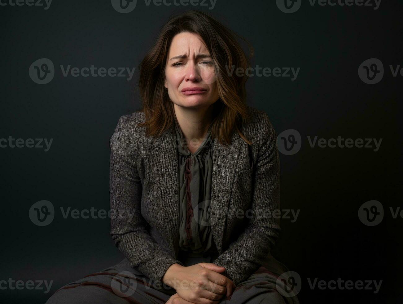 donna appare per essere nel dolore su grigio sfondo ai generativo foto