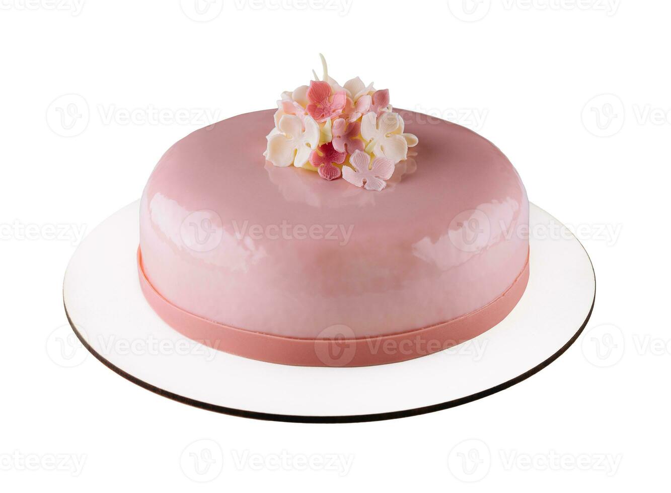 rosa mousse torte decorato su bianca piatto foto