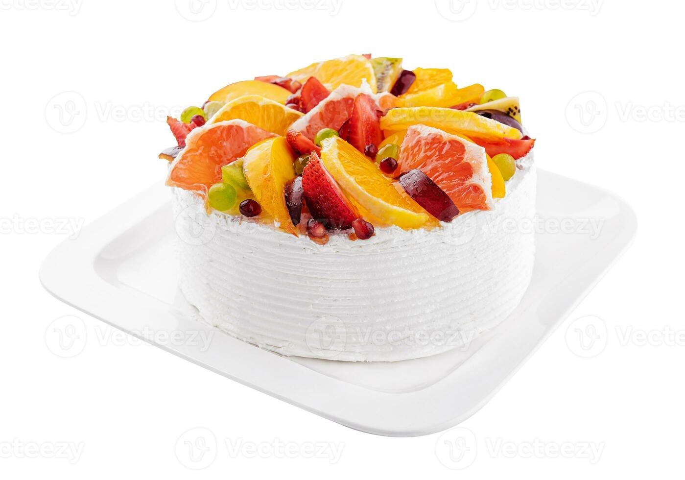 delizioso frutta mousse torta su bianca piatto foto
