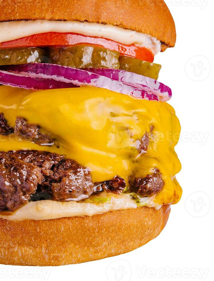 grande hamburger al formaggio con Due Manzo tortini grigliato foto