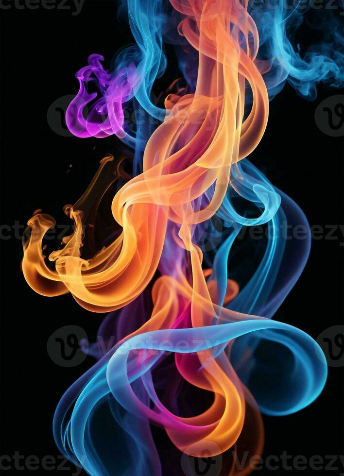 colorato arcobaleno Fumo su il nero sfondo ai generativo foto