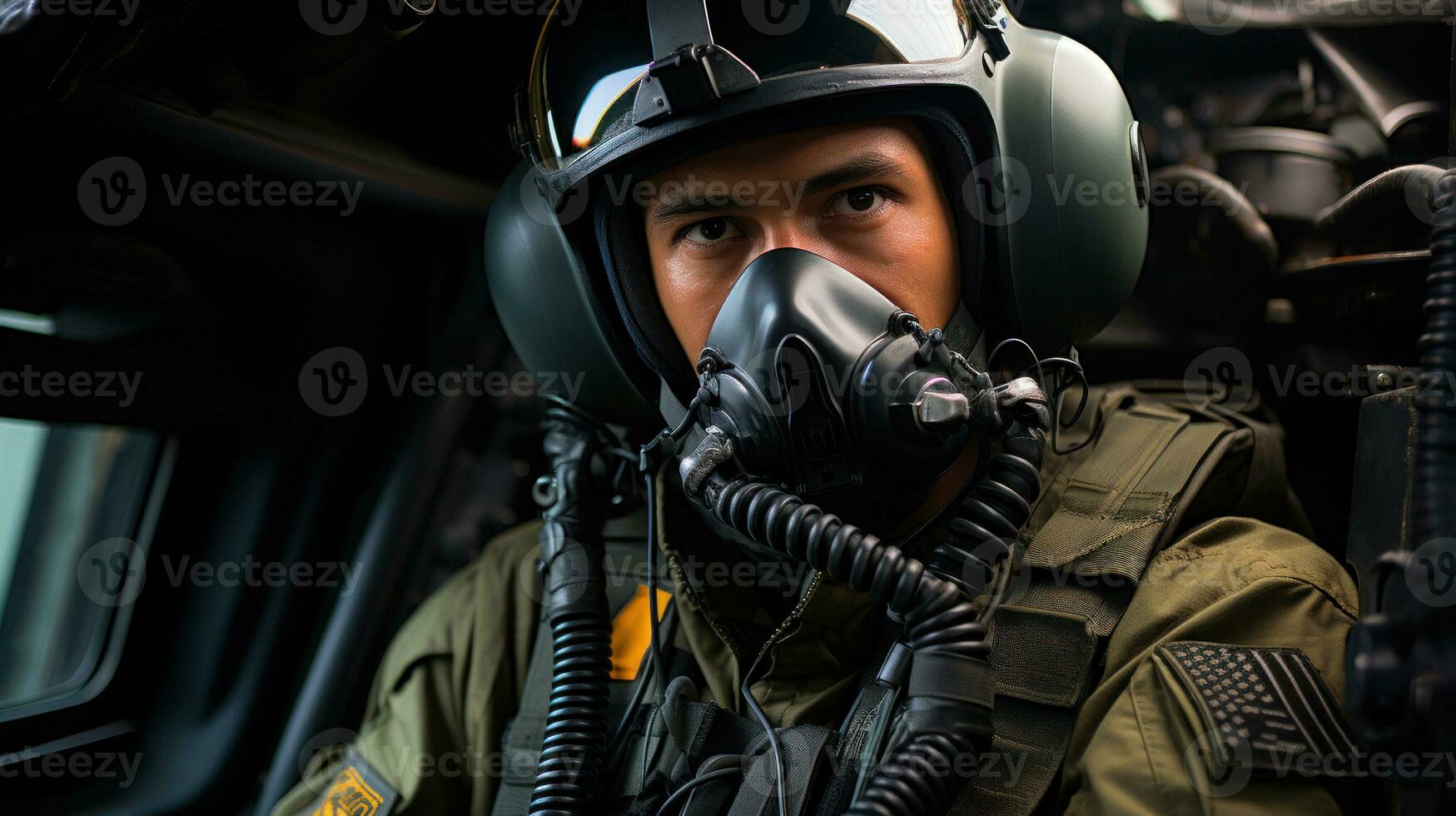 soldato nel un' militare casco e maschera nel aria vigore Jet. foto